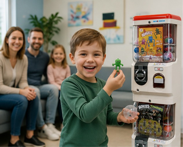 Belohnungsautomat mit bunten Überraschungskapseln im Wartebereich einer Zahnarztpraxis